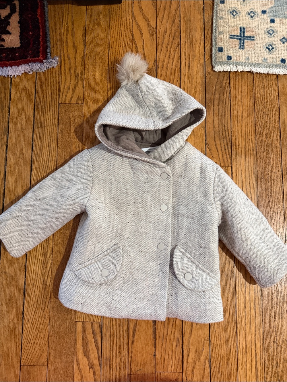 Zara Kids Hooded Pea Coat in Light Gray with Faux-Fur Pom